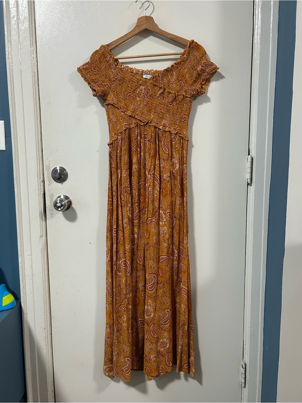 Patrons of Peace Mustard Paisley Off-Shoulder Maxi Dress